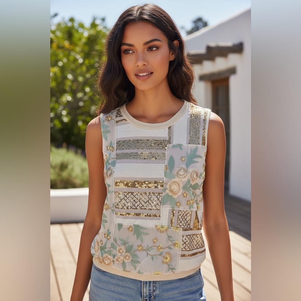Anthropologie Tiny Boho Jessika Sequined Embroidered Sleeveless Top Size Small